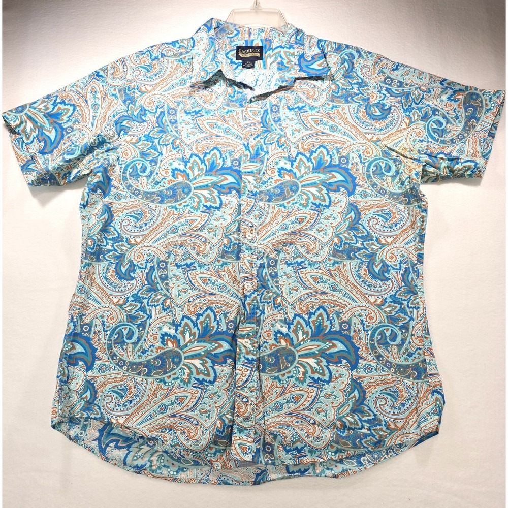 Cremieux Mens XL Paisley Button‎ Front Shirt Blue Orange Short Sleeve